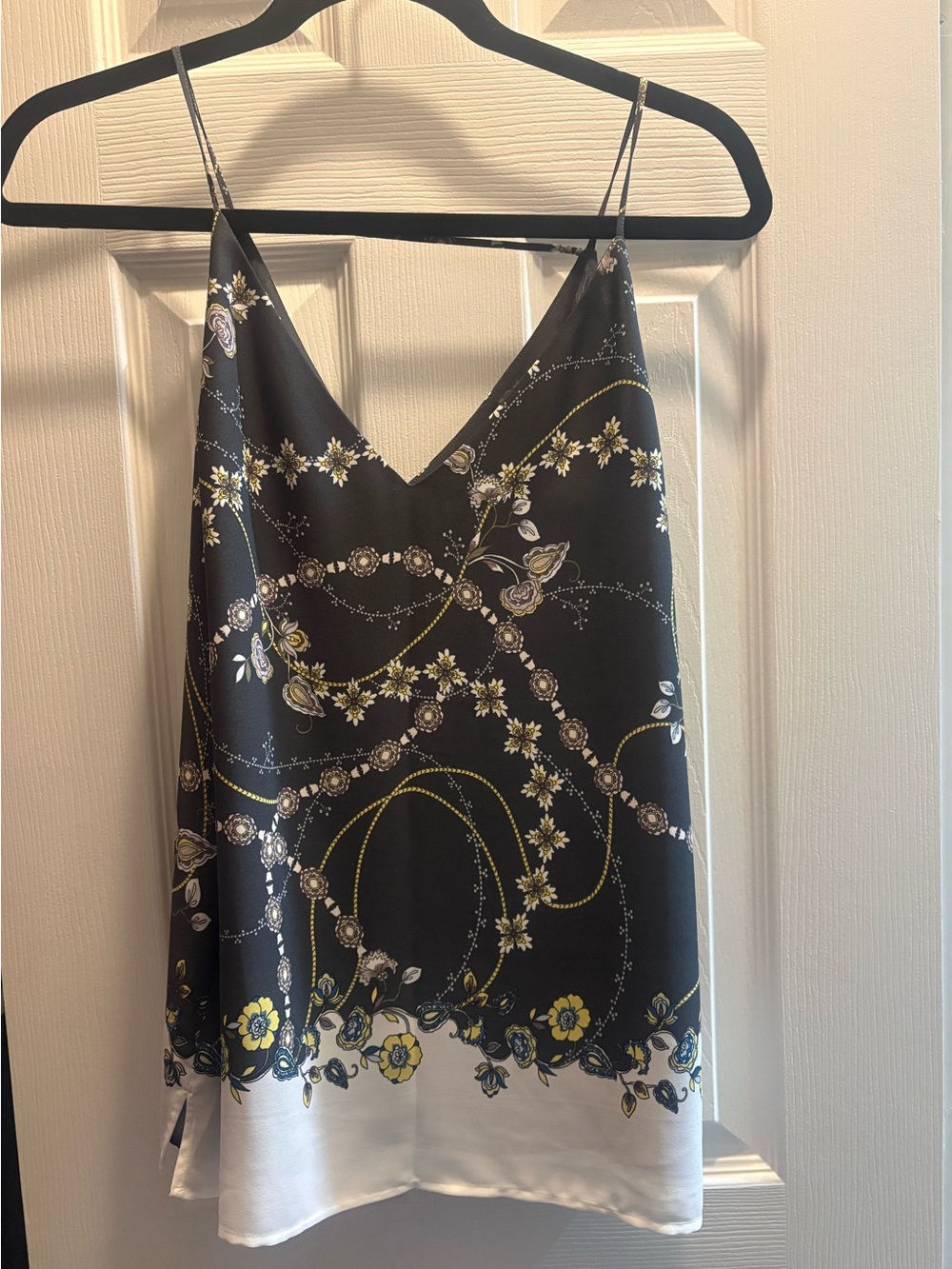 LOFT Black Floral Satin Cami with White Hem
